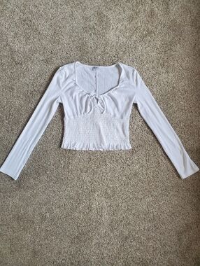 Bila 77 Cotton Blend White Ribbed Long-Sleeve Smocked Crop Top - Made In India